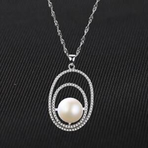 Natural Freshwater Pearl Necklace Pendant Double Layer Circle Zircon Silver NWT